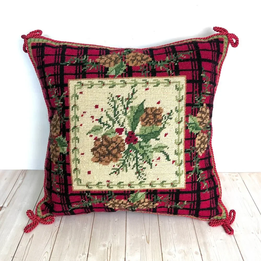 Rustic Pine and Plaid Needlepoint Pillow Braided Trim with Bows Velvety Back